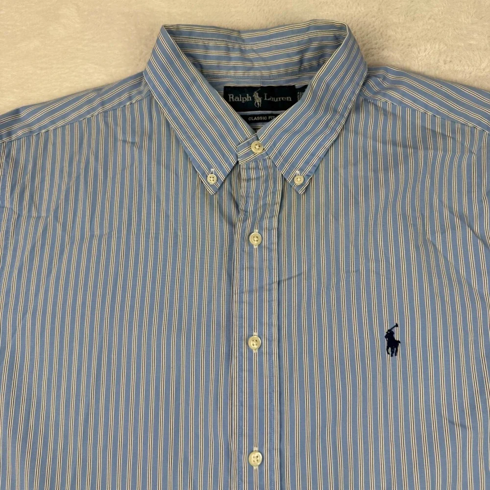 Ralph Lauren Button Down Mens 17 34/35 Blue White Striped Classic Fit Shirt